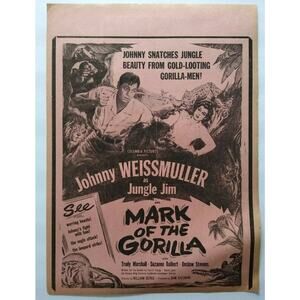 Jungle Jim Mark Of The Gorilla Johnny Weissmuller Movie Poster 1951 Original